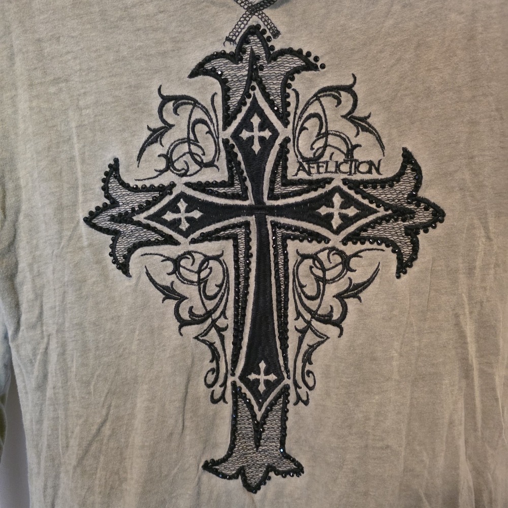 Affliction Long Sleeve Shirt Green Cross Cyber Grunge Vintage Y2K Womens Large - Picture 3 of 12